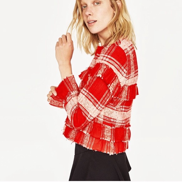 NWOT Zara Red Plaid Tweed Jacket - Picture 5 of 10